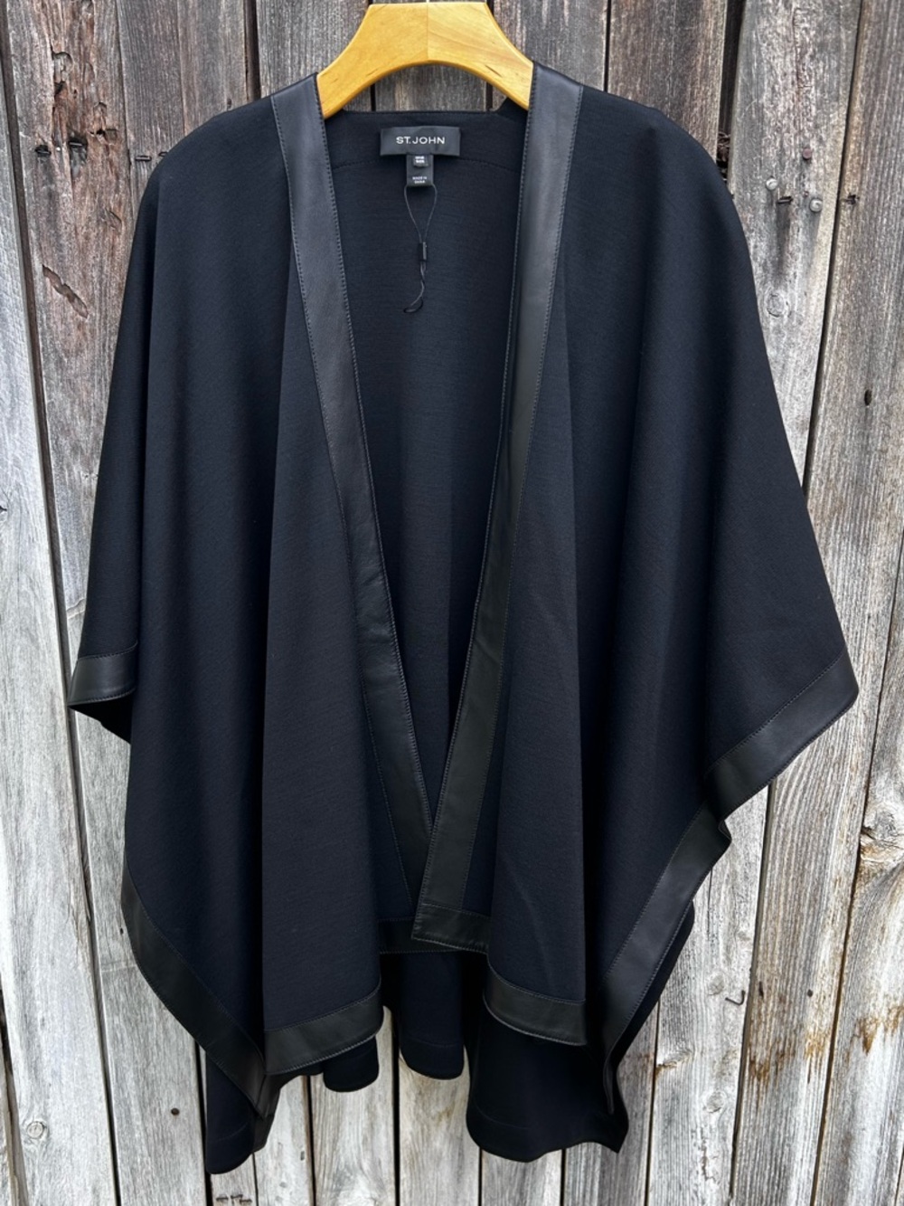New St. John Milano Knit Leather Trim Cape Wool Rayon Black OS
